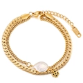 Bracelet double couche ajustable en acier inoxydable doré avec perle baroque et coquillage - Or (KB149198-KLX)