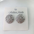 Retro stainless steel silver earrings with round hollow woven texture on display card - Round Hollow Woven / Steel