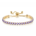 Adjustable gold plated tennis bracelet with round purple cubic zirconia and bolo slider - Light Gold + Purple Blue Zirconia