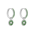 Detailed macro view of silver hoop earrings with pave-set green cubic zirconia stones - Silver Flower Green