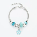 Detail of silver snake chain bracelet with light blue beads and floral pendant charm - Blue Floral Bracelet
