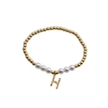 Golden bead and pearl bracelet with colorful rhinestone letter H pendant charm - Letter H
