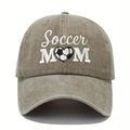 Close-up of Soccer MOM embroidery with heart-shaped football on washed cotton baseball cap - Khaki