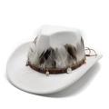 Detail of white felt cowboy hat with ethnic beads and natural feather band decoration - M(56-58cm) / White