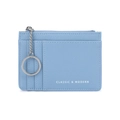 Light blue Saffiano leather coin purse with card slots and silver keychain chain - Blue