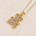 Golden bear pendant necklace with heart-shaped zircon stone and micro-pave detailing - Heart 14K Gold White Zircon