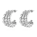 Chic silver multilayer steel bead C-shaped hoop earrings with 18K finish in a studio shot - Cast Three-row Bead Earrings / Silver