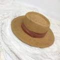 Close-up of woven straw texture and soft pink ribbon on a flat top summer sun hat - 55-58cm Adjustable / Yellow with Khaki Ribbon