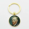 Golden Van Gogh self-portrait keychain with round glass art pendant and smooth metal finish - Gold-Van Gogh Self-portrait B