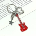 Guitar-shaped metal keychain with red enamel finish and silver heart-star charms - New Mini Guitar (Red with Star)