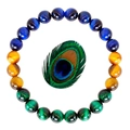 Detail of tiger eye and malachite beaded bracelet with an elegant peacock feather accent - Tiger's Eye / 8mm (8mm-Tiger Eye Bracelet)