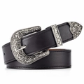 Detail of western style black leather belt with ornate silver floral engraved buckle and tip - 105cm / Coffee With Silver Buckle