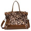 Modische Damen Handtasche mit Leopardenmuster, Canvas mit braunem Kunstleder und Troddel - Braun