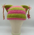 Pink and green striped cat ear beanie with star pendants and braided tassels - M (56-58cm) / Pink Green Stripes
