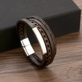 Pulsera multicapa de cuero trenzado para hombre en marrón y negro con cierre de metal plata - 21cm / Café/Plata
