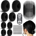 Hair styling set detail with bun makers, elastic bands, clips, and hairnets on white backdrop - 63-Piece Black Set / Black