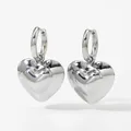 Polished silver heart drop earrings in stainless steel with double layered hollow design - Silver (PDE2532)