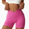 Rosa Yoga-Shorts mit hohem Bund, gekreuztem V-Design und gerippter Textur für Damen - 2XL / Fuchsia