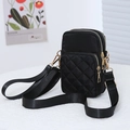 Quilted black phone crossbody bag with three zipper compartments and gold hardware - Black