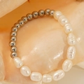 French style natural freshwater pearl bracelet with polished stainless steel beads in shell - 18K Gold / Silver Pearl Bracelet (ZH1671S)