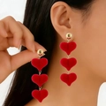 Elegant gold earrings with triple red velvet heart charms in a stacked vertical design - Red Velvet (S488)