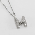 Polished silver 18K stainless steel bubble letter M pendant with beaded chain necklace - Letter M / Steel