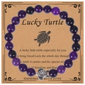 8mm deep purple natural stone beaded bracelet with vintage silver turtle charm on a gift card - Amethyst