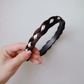 Dark brown braided headband with interwoven white ribbon and non-slip inner teeth - Ribbon Sandwich Braid (2CM Wide) / Dark Brown