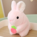 Cute pink plush bunny holding a strawberry with a pull-string tail wagging mechanism - Pink Rabbit 12cm