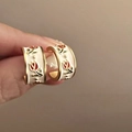Close-up of gold-plated tulip flower earrings with white enamel and red floral details - 11# Silver Earring Post - Gold Tulip Red Pattern