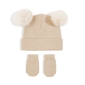 Flat lay detail of beige knitted baby hat with two fur pom-poms and matching mittens - Beige