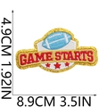 Detail showing embroidered football patch with Game Starts text and size measurements - Blue Game Starts Banner