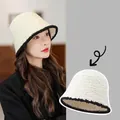 Winter plush bear bucket hat in cream white with black trim for cold weather warmth - Chanel Style Fisherman-Beige