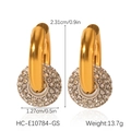 Detailed view of 18K gold-plated stainless steel hoop earrings with size and weight specs - Gold Disk White Zirconia Style (HC-E10784-GS)