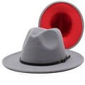 Detail of grey wool fedora with red underside, black leather belt, and metal buckle - M (56-58cm) / Light Grey and Red