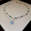 Double-layered silver necklace with blue gemstones and gradient butterfly pendant - Silver Blue Butterfly Double Layer Necklace (132#)