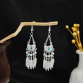 Bohemian silver long fringe earrings with blue gemstone and hanging metal feathers - E6109-4 Marquise Blue Feather
