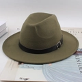 Vintage olive green wool fedora hat with black leather belt and silver buckle detail - Flat Brim With Regular Leather Belt / Army Green