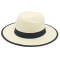 Chic beige straw Panama hat with black ribbon, metal M logo, and contrast brim edging - Cream