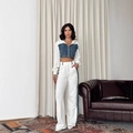 Women's white and denim blue patchwork cropped hoodie and sweatpants set - S / White Q1106