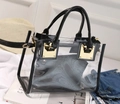Transparent PVC jelly crossbody bag with black leather trim and gold metal buckles - Black