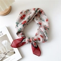 Floral cotton linen scarf with red flower pattern and burgundy sheer chiffon detail - 17 Cotton - Gardenia Beige