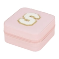 Pink faux leather travel jewelry box with golden plush letter S and zipper closure - Letter S (No Mirror) (FS61) / 10x10x5cm