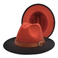Detail of two-tone fedora hat with black and orange wool felt and brown leather belt - M (56-58cm) / Caramel + Black
