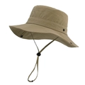 Detail view of khaki wide-brim sun hat with adjustable wind rope and side press buttons - Khaki