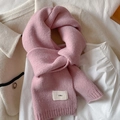 Knitted pink winter scarf with emo label on a beige shirt and yellow jacket - Ice Pink