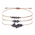Handmade three-piece bracelet set with black stones, copper beads and brown cord - Hematite