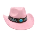 Pink western cowboy hat featuring floral embroidery and turquoise gemstone accent - Pink [Wide Leather Embroidery]