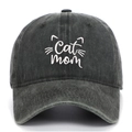 Close-up of white Cat Mom embroidery on washed black cotton denim baseball cap - One Size / Army Green
