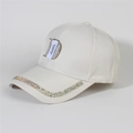 Close-up of beige denim baseball cap with colorful rhinestones and motorsport logo - Style 23-Beige Rhinestone Letter D